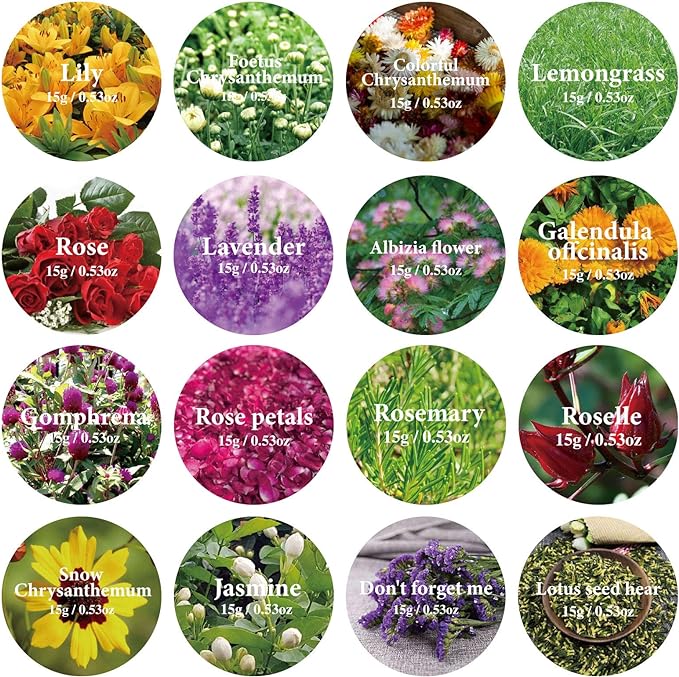 15g/Bag Dried Flowers,100% Natural Dried Flowers Herbs Kit for Soap Making, DIY Candle Making,Bath - Include Rose Petals,Lavender,Don't Forget Me,Lilium,Jasmine,Rosebudsand More(16 Bags)