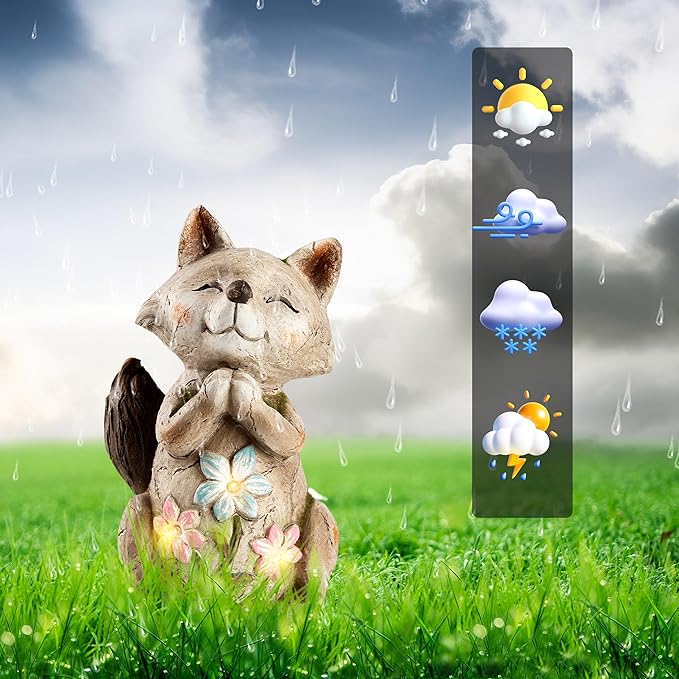 Fox Statue for Garden Decor,Garden Statue with Solar Power Light for Outdoor Patio Porch Lawn Yard Backyard oudside Indoor Shelf Decoration,Praying Fox Garden Sculptures & Statues
