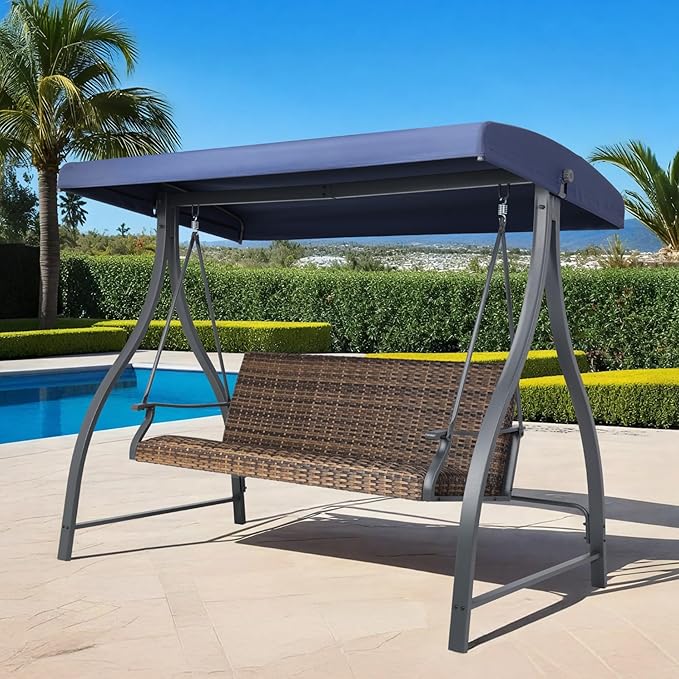 BPS 3 Seat Outdoor Porch Swing with Adjustable Canopy, PE Wicker Patio Swing Chair with Quick-Drying Foam Seat, 882 LBS Capacity, Proch Swings for Deck, Backyard, and Lawn, Dark Blue