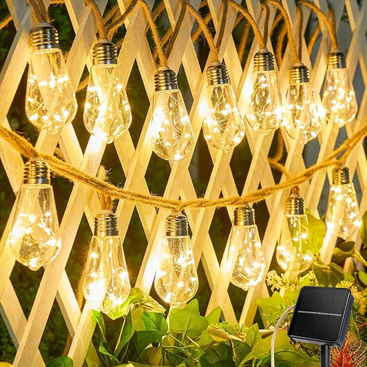 Brightown 30FT Solar String Lights Outdoor with 15 Shatterproof Bulbs, 8 Light Modes Vintage Hemp Rope LED Patio Lights, Waterproof Hanging Lights for Porch Garden Café Bistro Decor, Warm White