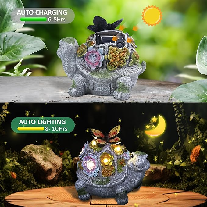 Garden Turtle Statue, Solar Outdoor Decor Tortoise with Succulent, Waterproof Animal Ornaments for Patio Clearance Balcony Court, Great Easter Gift Birthday for Mom Women