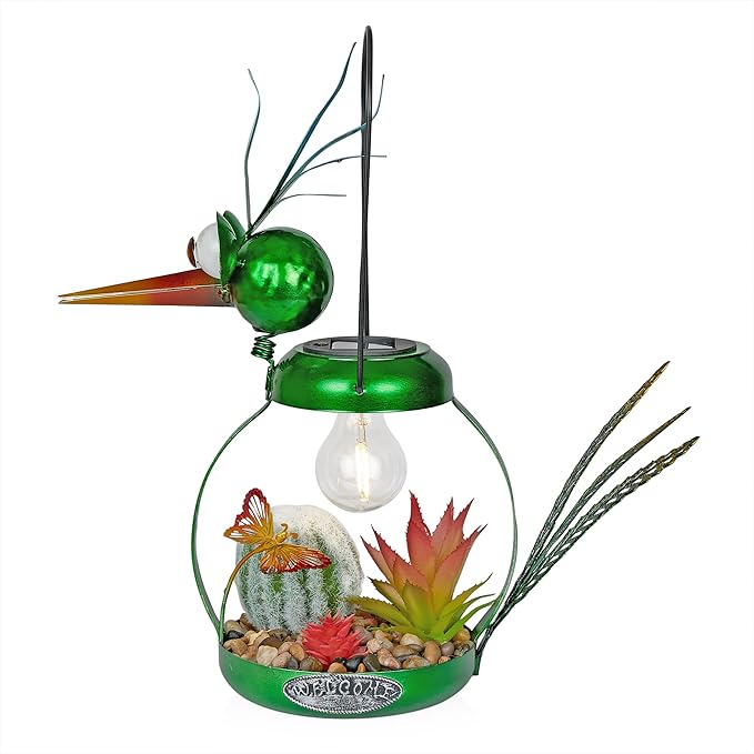 Alpine Corporation LYT292SLR-HH Solar-Powered Metal Heron w/Garden Enclosed LED Light Decor, Solar Patio Decor, 16''H, Green