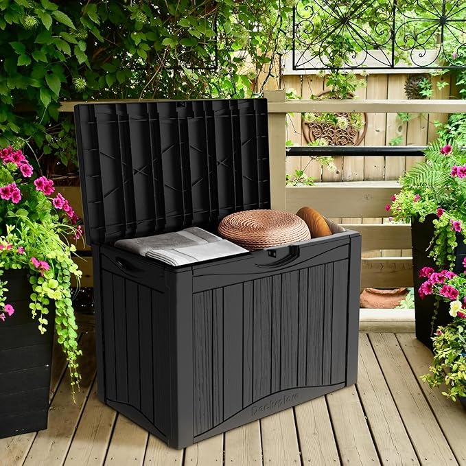 45 Gallon Lockable Resin Deck Box, Waterproof & UV-Resistant Outdoor Storage Box for Outdoor Cushion Storage, Garden Tools & Pool Accessories Storage, Black