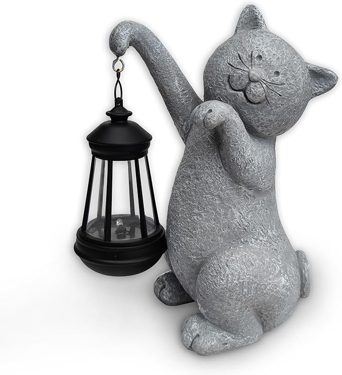 Cat Solar Garden Statues,Resin Cat Figurine Decorations with Solar Lights Lantern, Outdoor，Statue Decor Art for Lawn,Yard,Unique Housewarming Gift for Garden Home