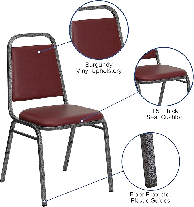 EMMA + OLIVER Trapezoidal Back Vinyl Stackable Banquet Chair, Multipurpose Stacking Chair with Padded Seat and Back, Burgundy/Silver