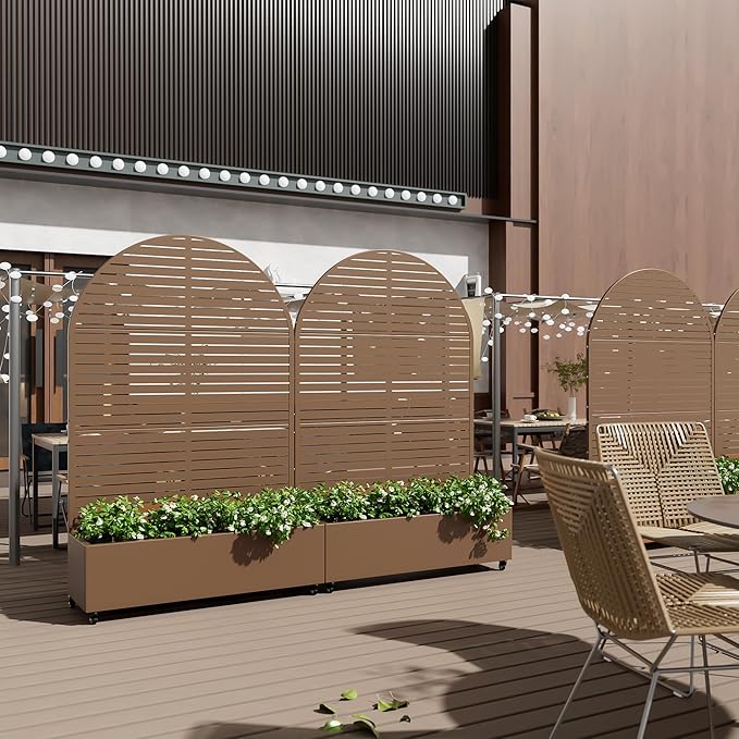 Casaphoria Metal Raised Garden Bed with Trellis and Wheels, 72"x47"x16" Arched Planter Box for Climbing Plants, Vegetables & Vines, Features Drainage Holes and Privacy Screen (Brown-Louvered)