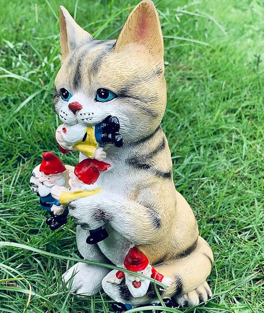 Garden Cat Eating Gnomes Statues Funny Gnome Decor for Outdoor Patio Lawn Yard Decor (cat Eating)
