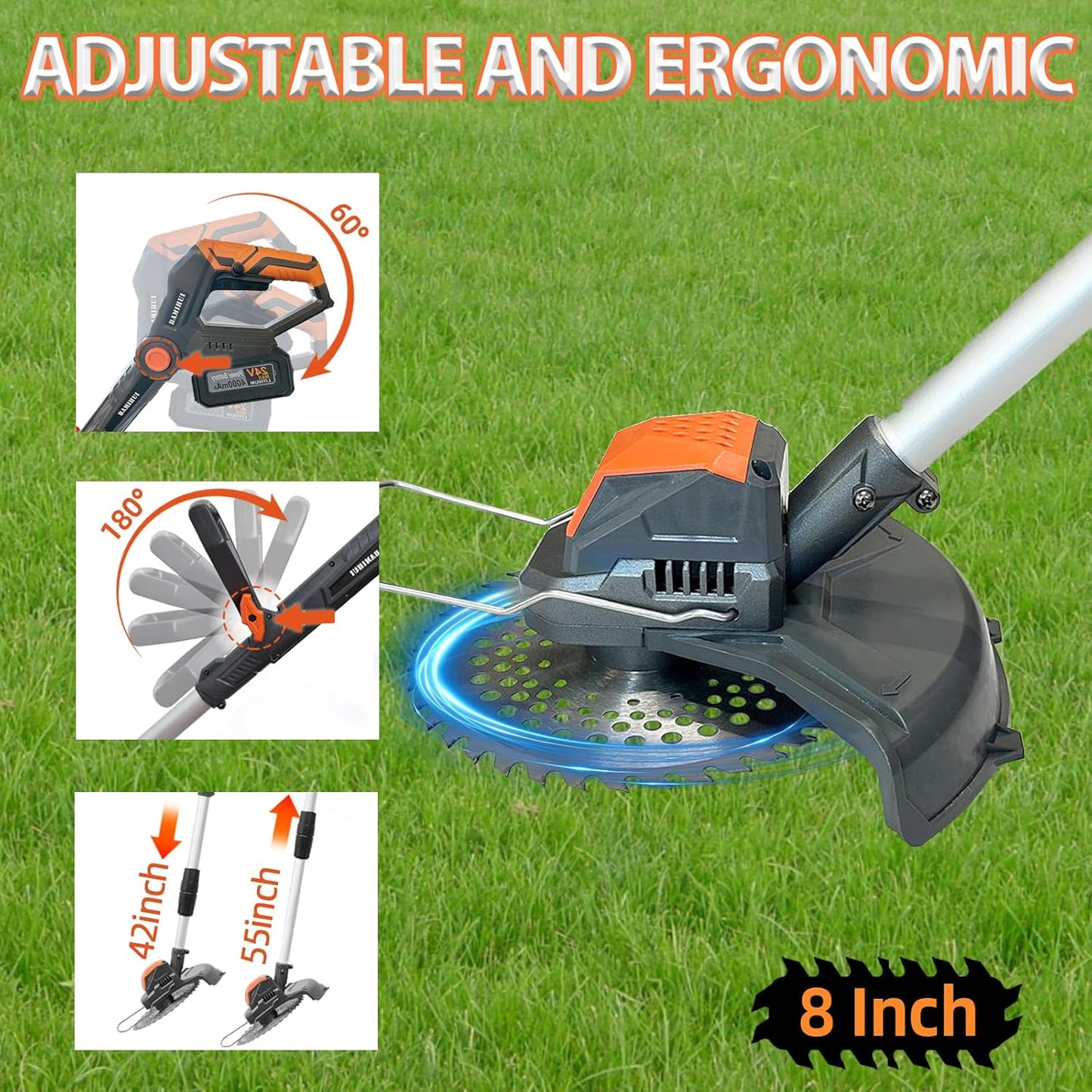 Electric Weed Wacker Cordless,24V Weed Cordless Eater Battery Powered,Weed Cutter with 2Pcs 4.0Ah Batteries,1300W Motor,2 Types Blades,Grass/String Trimmer Lawn for Yard and Garden