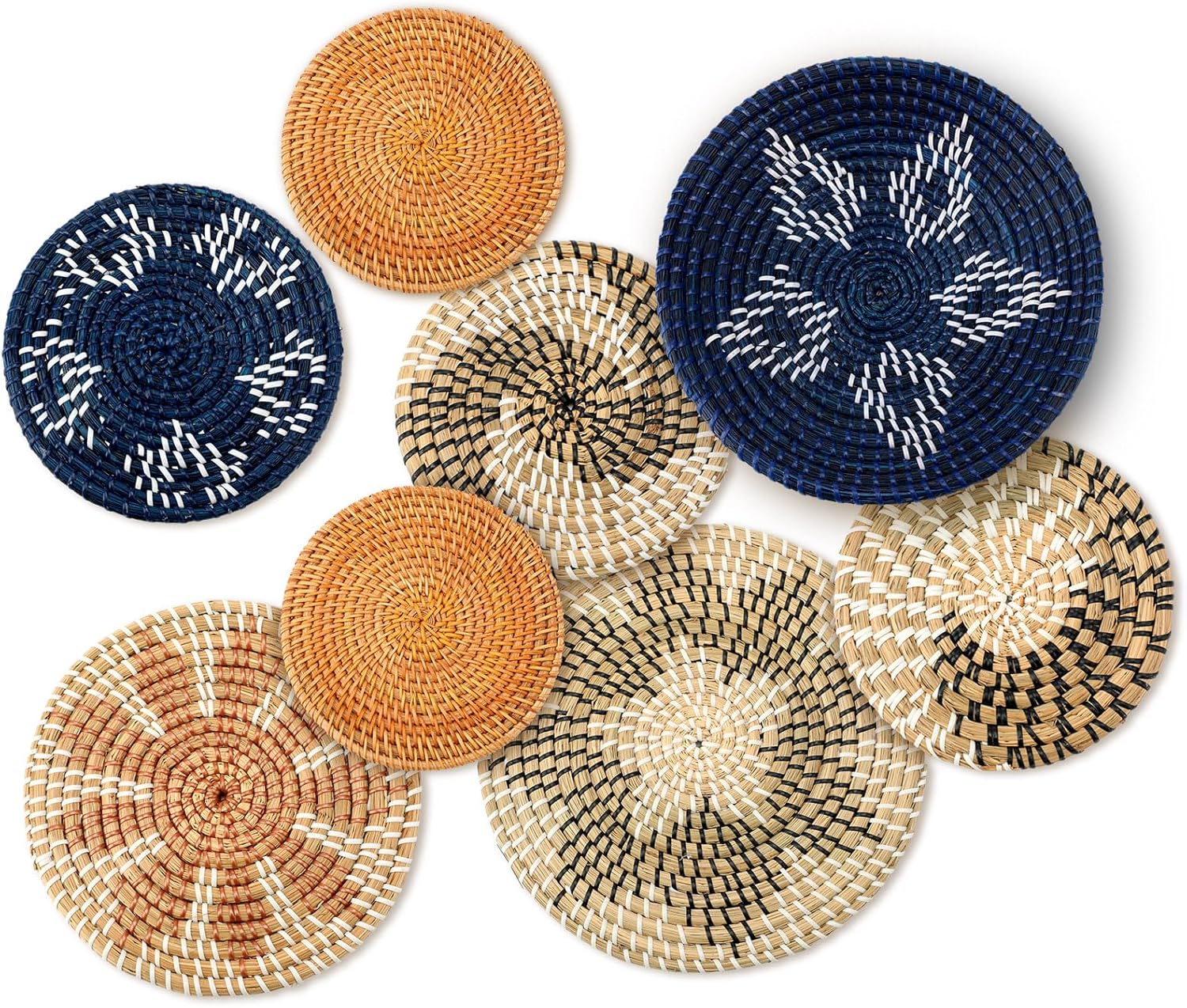 Xuhal Set of 8 Hanging Woven Wall Basket Handmade Decorative Rustic Boho Basket Decor Handcrafted Wicker Round Seagrass Wall Art for Home Kitchen Farmhouse Table Living Room