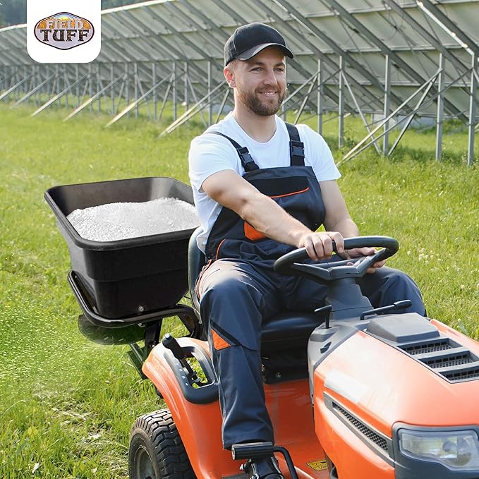 Field Tuff 12V 80 Pound Capacity Grass Seed Fertilizer Spreader with Hitch Mount Receiver and Rain Protector for ATV, UTV, or Utility Tractor
