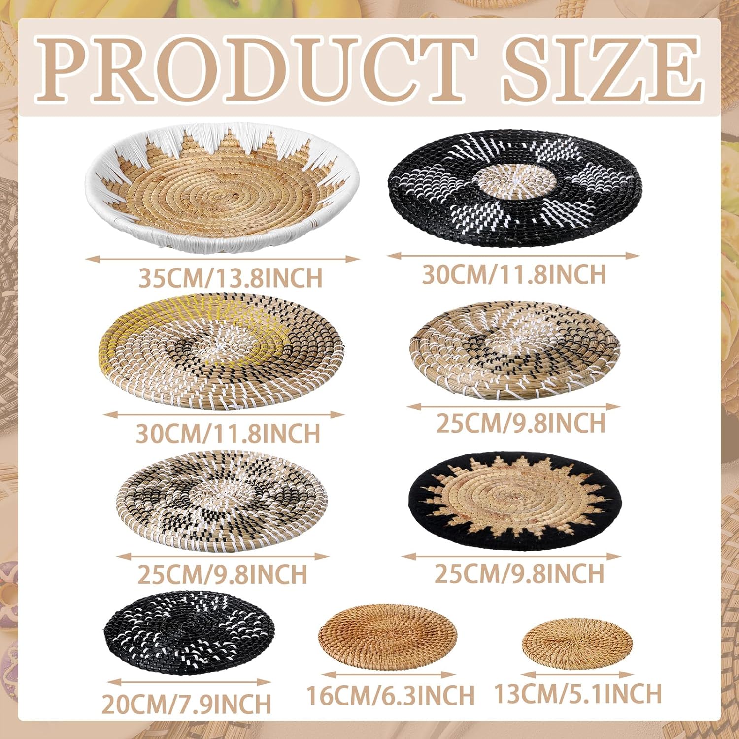 Xuhal 11 Pcs Boho Hanging Wall Basket Decor Handmade Woven Basket Wall Decorative Boho Wicker Baskets Placemats Round Farmhouse Bulrush Art for Rustic Home Decorations Christmas Gift(Stylish)