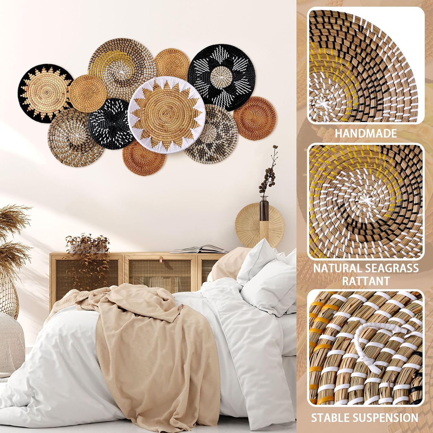 Xuhal 11 Pcs Boho Hanging Wall Basket Decor Handmade Woven Basket Wall Decorative Boho Wicker Baskets Placemats Round Farmhouse Bulrush Art for Rustic Home Decorations Christmas Gift(Stylish)