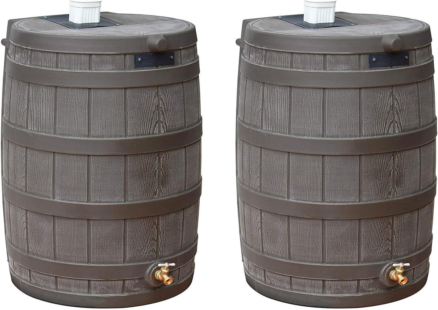 Good Ideas 50 Gallon Large Faux Wood Plastic Rain Water Barrel Collector with Brass Spigot for Rainwater Collection and Storage, Oak, 2 Pack