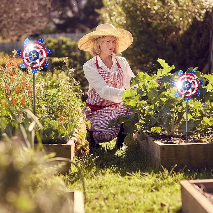 BATTIFE 10 Packs Patriotic Sparkly Reflective Pinwheels for Yard and Garden, American Flags Blinding Birds Pin Wheel Scare Birds & Animal Away, Wind Spinner for 4th of July