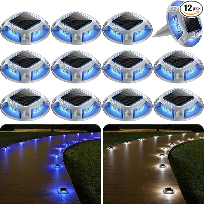 AGPTEK Solar Driveway Lights 12 Pack, 2 Colors in 1 Outdoor Solar Deck Dock Marine Waterproof LED Driveway Marker Security Lights for Outside Pathway,Boat Dock,Step,Walkway,Path,Garden (Blue & White)