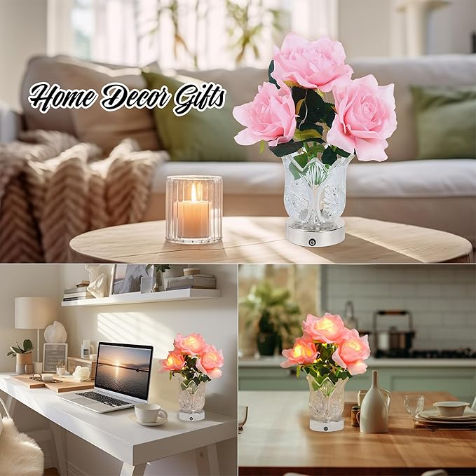 Artificial Pink Rose LED Lamp for Womens Gifts, Pink Rose Night Light for Relaxation and Serenity, Womens Mom Wife Friends Mom Daughter Valentine Anniversary Christmas Birthday Gifts(PINK ROSE)