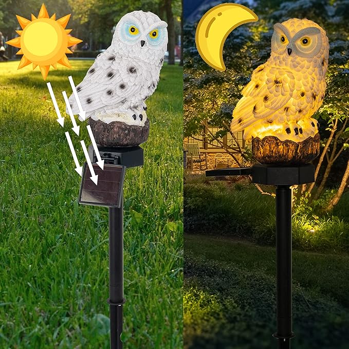 Dazzle Bright 2 Pack Owl Figure Solar LED Lights, Resin Garden Waterproof Decorations with Stake for Outdoor Yard Pathway Outside Patio Lawn Decor to Scare Birds Away, Gifts for Women, Owl Lovers