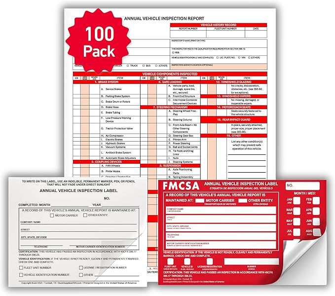 100 Pack 3-Ply Carbonless Annual Vehicle Inspection Report Forms with FMCSA Red Aluminum Labels & White Mylar Laminate Vinyl Labels, DOT Inspection Forms and Stickers, Shrink-Wrapped, 8.5" x 11.75"