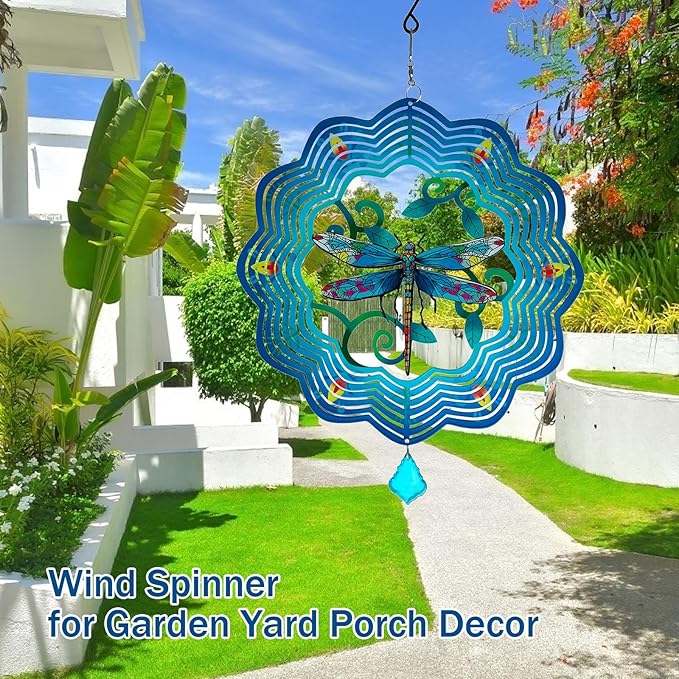 Dragonfly Metal Wind Spinners - 12 Inch Hanging Metal Wind Spinner for Outdoor & Indoor Decor, Dragonfly Kinetic Sculpture for Christmas Ornament Gifts, Yard Art and Garden Decorations