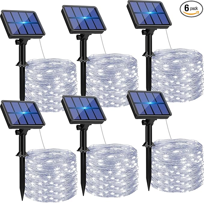 6-Pack Solar String Lights Outdoor, 480LED 198FT Solar Fairy Lights Waterproof 8 Modes Copper Wire Solar Powered Twinkle Lights for Outside Garden Patio Tree Christmas Wedding Party Decor (Cool White)