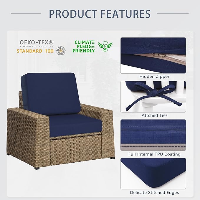 Favoyard Outdoor Deep Seat Cushion Set, 24 x 24 Inch Rainproof & 3-Year Fade Resistant Patio Furniture Cushions, Removable Seat Bottom & Back Cushion Covers with Ties for Chair, Sofa, Couch, Blue