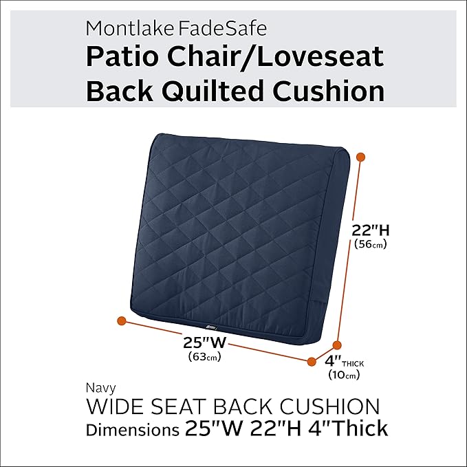 Classic Accessories Montlake FadeSafe Water-Resistant 25 x 22 x 4 Inch Wide Back Patio Quilted Lounge Cushion, Navy