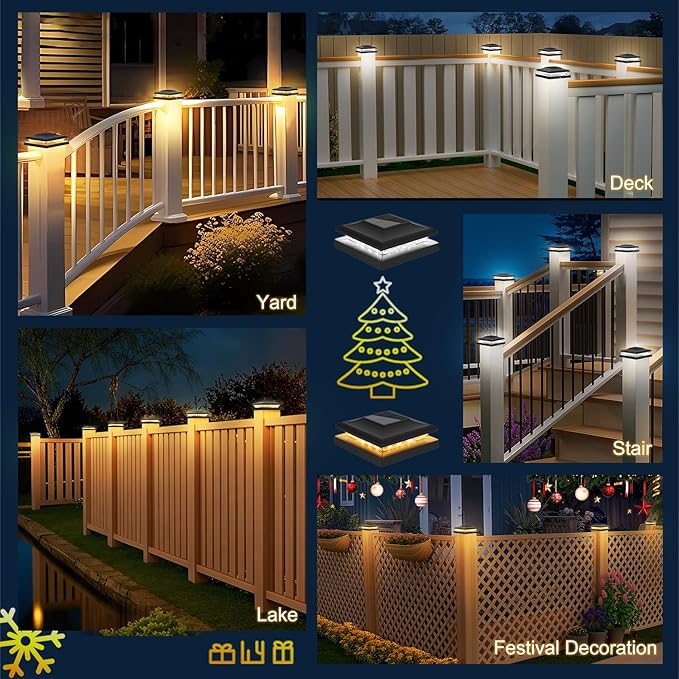 6 Pack Solar Post Cap Light Outdoor Fence Cap Lights 2 Color Modes 24 LEDs for Wooden/Vinyl Post, Waterproof Deck Patio Decoration Fits 5x5, 5.5x5.5 or 6x6 Wooden Posts (3000k/6000k)