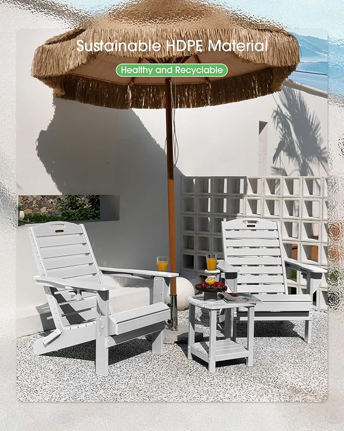 Folding Adirondack Chair HDPE All-Weather Adirondack Chairs with Cup Holder, Outdoor Fire Pit Chairs Lawn Chair for Deck Patio Garden (White)