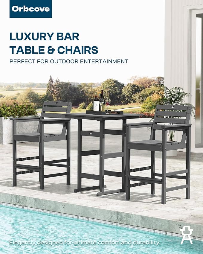 5-Piece Bar Height Outdoor Table and Chairs Set, HDPE Wood Grain Patio Bar Table and Chairs with Heart Cutout Design, Weather-Resistant Bar Height Furniture for Deck, Porch, Pool (Grey)