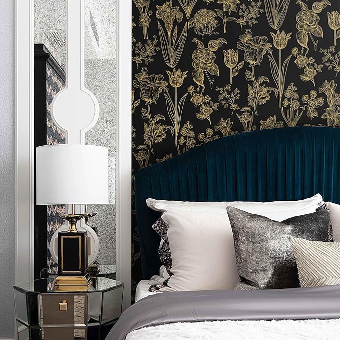 Dimoon 236"x17.3" Floral Wallpaper Peel and Stick Flowers Golden Black Contact Paper Thicken Waterproof Modern Self Adhesive Plants Wallpaper Removable Wall Paper Shelf Vinyl Roll