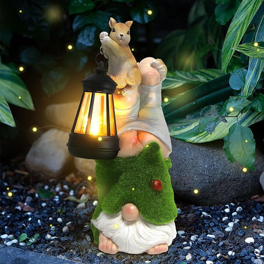 Garden Gnome with Squirrel Outdoor Statue,Flocked Gnome Statue Holding Lantern with Solar Lights,Outdoor Gnomes Decorations for Yard Patio Lawn Porch,Gifts for Mom