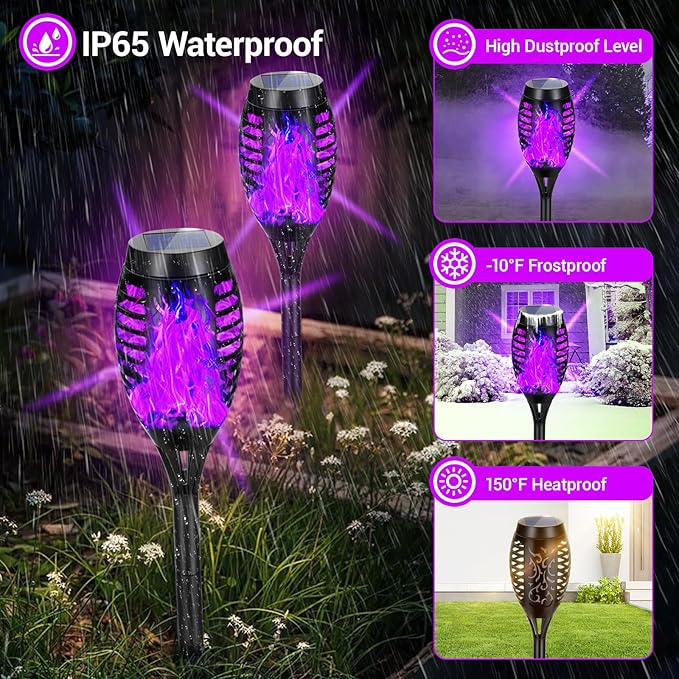 4 Pack Solar Torch Lights Outdoor Waterproof - Purple Flickering Flame, Outdoor Solar Garden Lights for Yard, Tiki Torches for Outside Patio Pathway Decorations