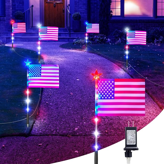 Brightown 4th of July Decorations Outdoor, Red White and Blue Lights, 6 Flag Lights Pathway, Memorial Day Decorations for Independence Day Garden Yard Lawn Outside Patriotic Decorations