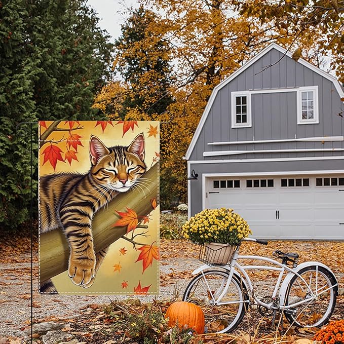 Fall Garden Flag Autumn Cat Garden Flag 12x18 inch Double Sided Fall Thanksgiving Maple Leaves Holiday Flags Decorations for Yard Outdoor Porch (Flay 1805)