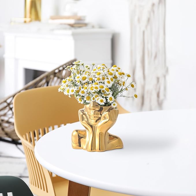 Gold Ceramic Human Face Decorative Vase - Shy Posture Modern Art Desktop Display for Bookshelf, Living Room, Office, Bedroom