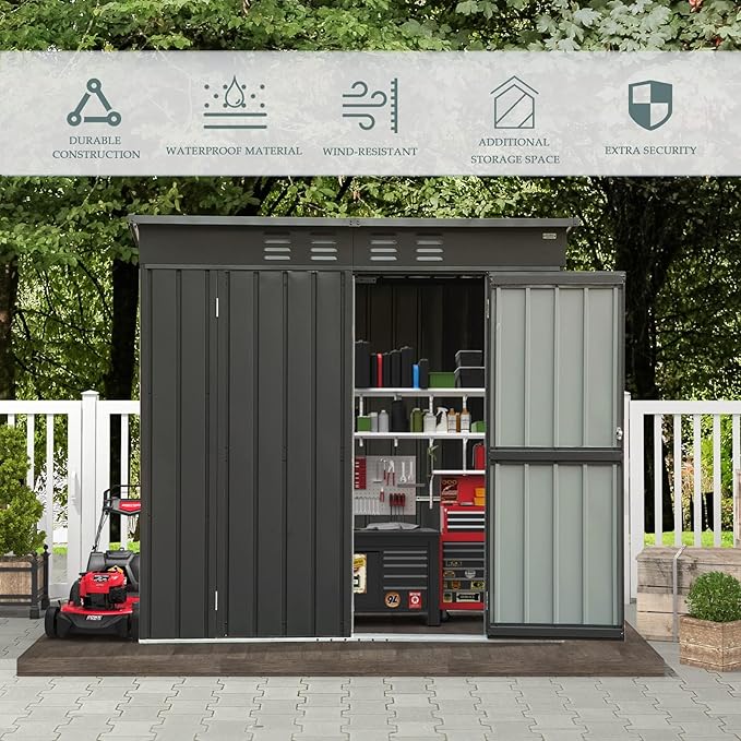 Domi Outdoor Storage Shed 6' x 4.5’, Metal Garden Shed with Galvanized Steel Frame for Bike, Tools, Lawn Mowers, Pool Toys, Outdoor Storage Cabinet with Lockable Door for Garden Lawn Patio (Dark Grey)