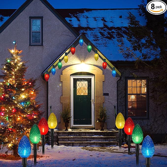 Abeja C9 Christmas Multicolor Pathway Lights, 2 Pack 7Ft Outdoor Pathway Markers Lights with 8 Jumbo C9 LED Multicolor Bulbs, Connectable Christmas Walkway Lights for Driveway Yard Garden Decor