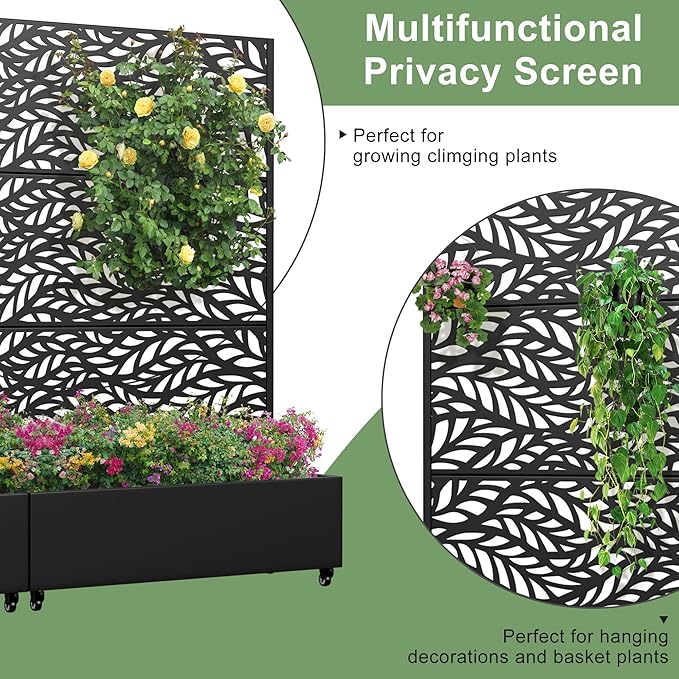 Casaphoria Metal Raised Garden Bed with Trellis and Wheels, 72"x47"x16" Planter Box for Climbing Plants, Vegetables & Vines, Features Drainage Holes and Privacy Screen (Black-Spring)