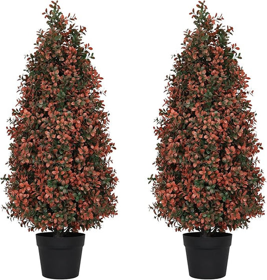 3ft Artificial Boxwood Topiary Trees (Set of 2) - UV Resistant Faux Plants for Outdoor/Indoor, Realistic 36in Fake Bushes and Shrubs for Front Porch, Planter, Patio - Low Maintenance & Evergreen