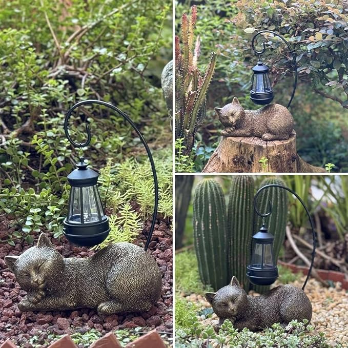Cat Statue for Garden - 13' Sleeping Cat Figurines Solar Light Resin Garden Statues with Large Lantern Outdoor Waterproof Lawn Porch Ornament Decor, Gift for Mom