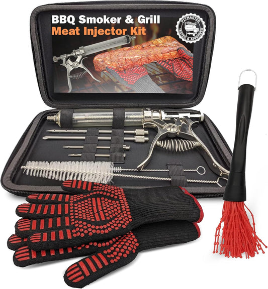 BBQ Smoker Grill Professional Meat Injector Syringe Kit for Smoking with Case, Heat Resistant Non Slip Gloves and Silicone Mop Brush for Turkey Marinade Injection