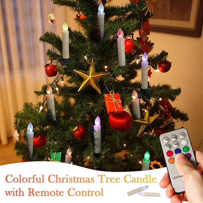 Colorful Christmas Tree Candle Lights Battery Powered Remote Control LED Taper Candles with Clips Electric Fake Candles for Halloween Garden Holiday Wedding Parties Decor (30 PCS,Colorful)