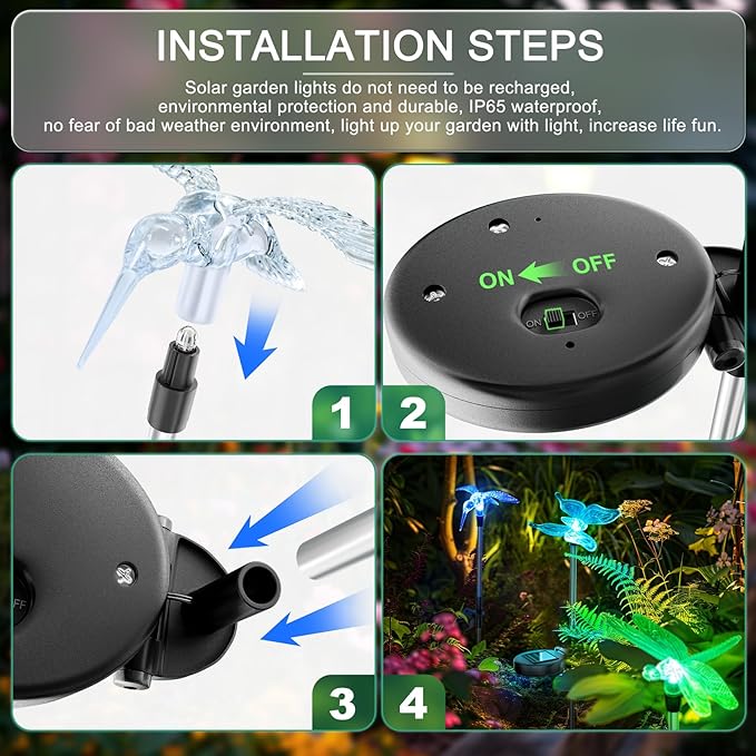 Anordsem Solar Garden Lights Outdoor: 3 Waterproof PVC Insect Light Heads - Changeable Color LED Stake for Homeowners Patio Decoration - Gardening Gifts for Garden Enthusiasts