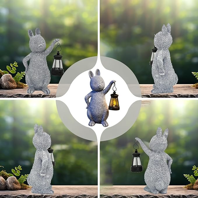 AVEKI Solar Bunny Statue Garden Outdoor Decor, Cute Rabbit Figurines Waterproof Garden Decor with Solar Lantern, Bunny Decor for Yard Art Lawn Porch, Women Gifts for Mom Grandma (Rabbit)