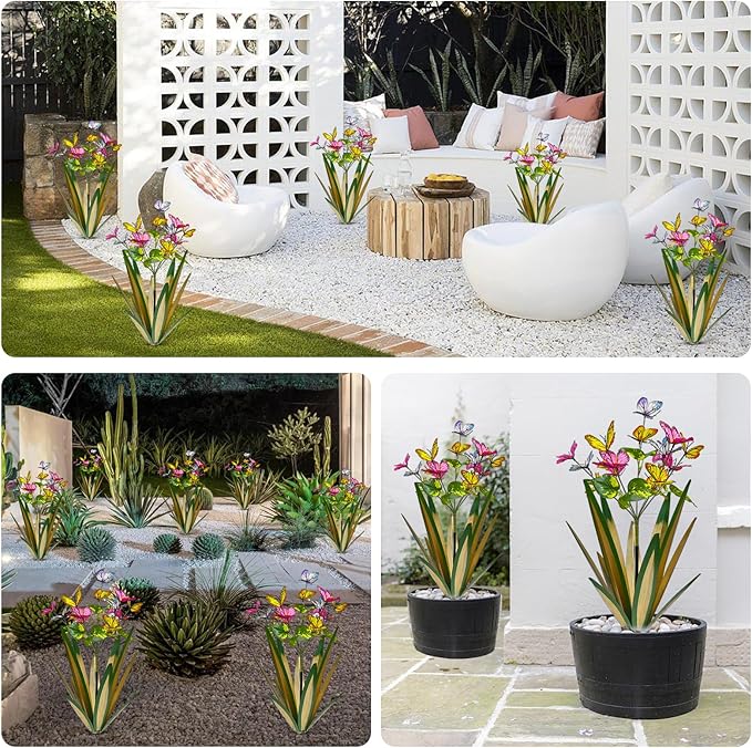 Garden Outdoor Butterfly Enlarge Thickened Wind Resistant Metal Agave Garden Art Metal Plant Country Sculpture Statue Decorations Ornaments Artificial Waterproof Butterflies(Light Green 2pcs)