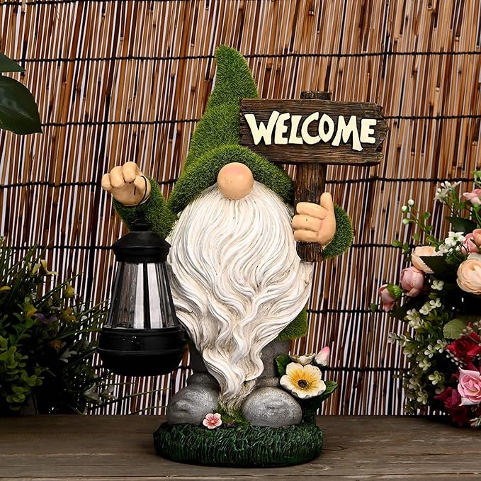 ASAWASA Gnomes Decorations for Yard with Solar LED Light, 10.8" Large Outdoor Funny Garden Lawn Gnome Decor with Welcome Sign