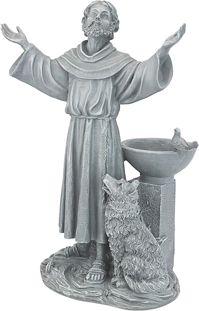 Design Toscano Francis of Assisi Blessing Religious Garden Decor Statue with Bird Bath Feeder, 19 inches Tall, Cast Stone Resin, Gray Stone Finish