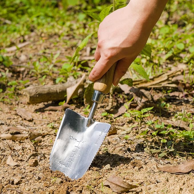 Garden Serrated Planting Trowel, Multifunctional Shovel with ash Wood and Stainless Steel Digging Trowel Transplanter