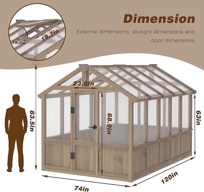 6x10 FT Green House for Outdoor, 6MM Thick Polycarbonate Panel Wooden Walk-in Greenhouse Kit with Lockable Door and Adjustable Roof Vent, Backyard Garden, Light Mocha Brown