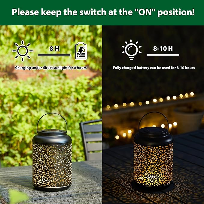 Glitzhome Solar Lantern Black Metal Cutout Flower Outdoor Hanging Solar Light with Handle for Garden Patio Yard Outdoor Decor